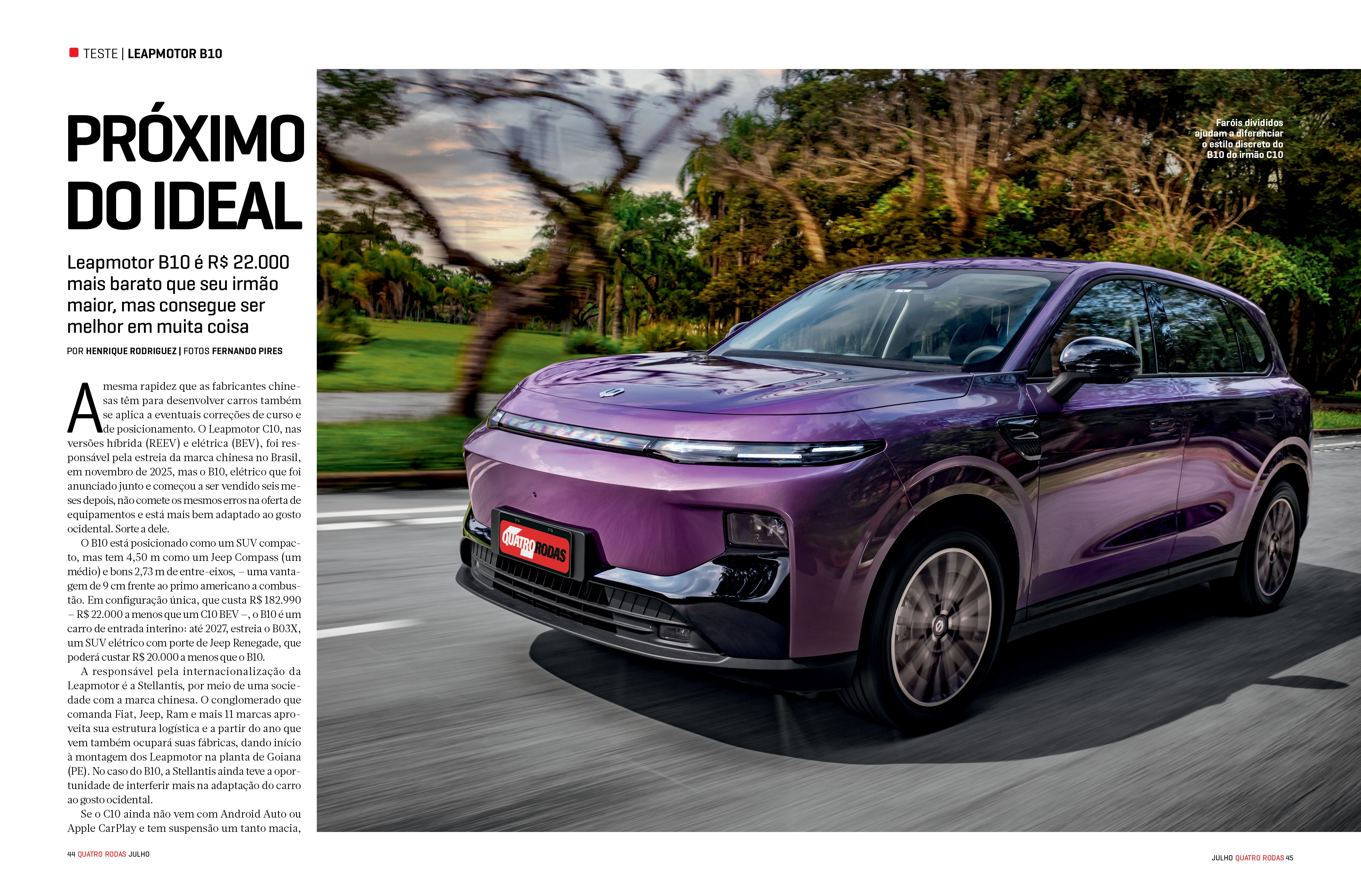 SUV Leapmotor B10 roxo met&aacute;lico em movimento, visto de frente e lateral, com &aacute;rvores e c&eacute;u nublado ao fundo