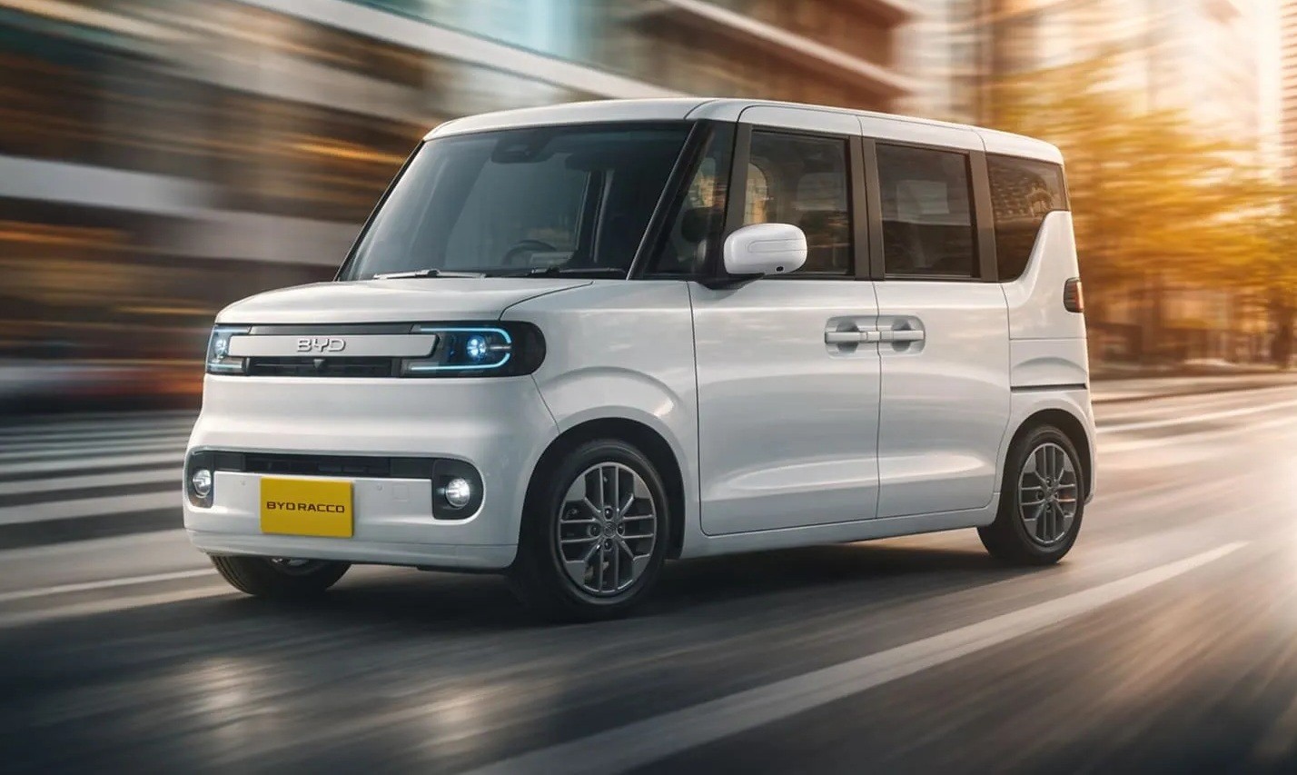 Minivan el&eacute;trica branca BYD Seagull em movimento, com luzes diurnas acesas e placa amarela BYGRACED na frente, em uma rua urbana com pr&eacute;dios e &aacute;rvores desfocados ao fundo, sob luz solar
