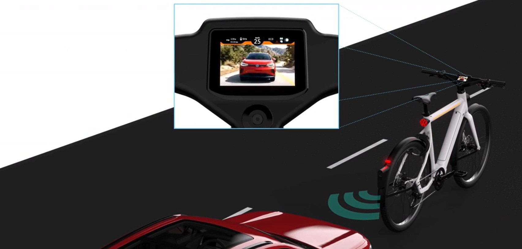Bicicleta branca com sensor de proximidade detecta carro vermelho atr&aacute;s, exibindo a imagem do ve&iacute;culo em tela no guid&atilde;o