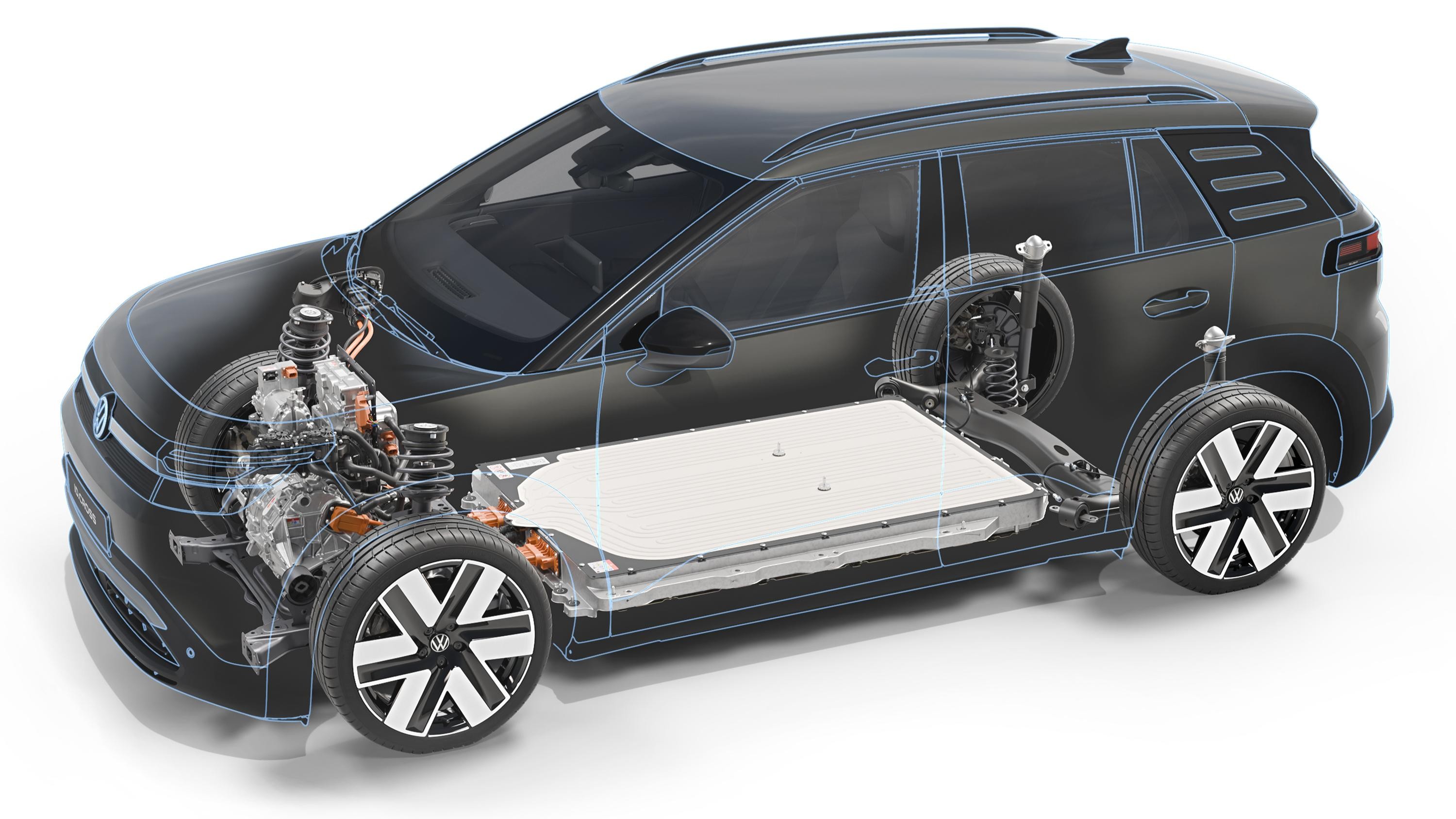 Carro SUV cinza escuro com contorno azul claro, mostrando a estrutura interna do chassi, motor el&eacute;trico dianteiro e bateria plana no assoalho
