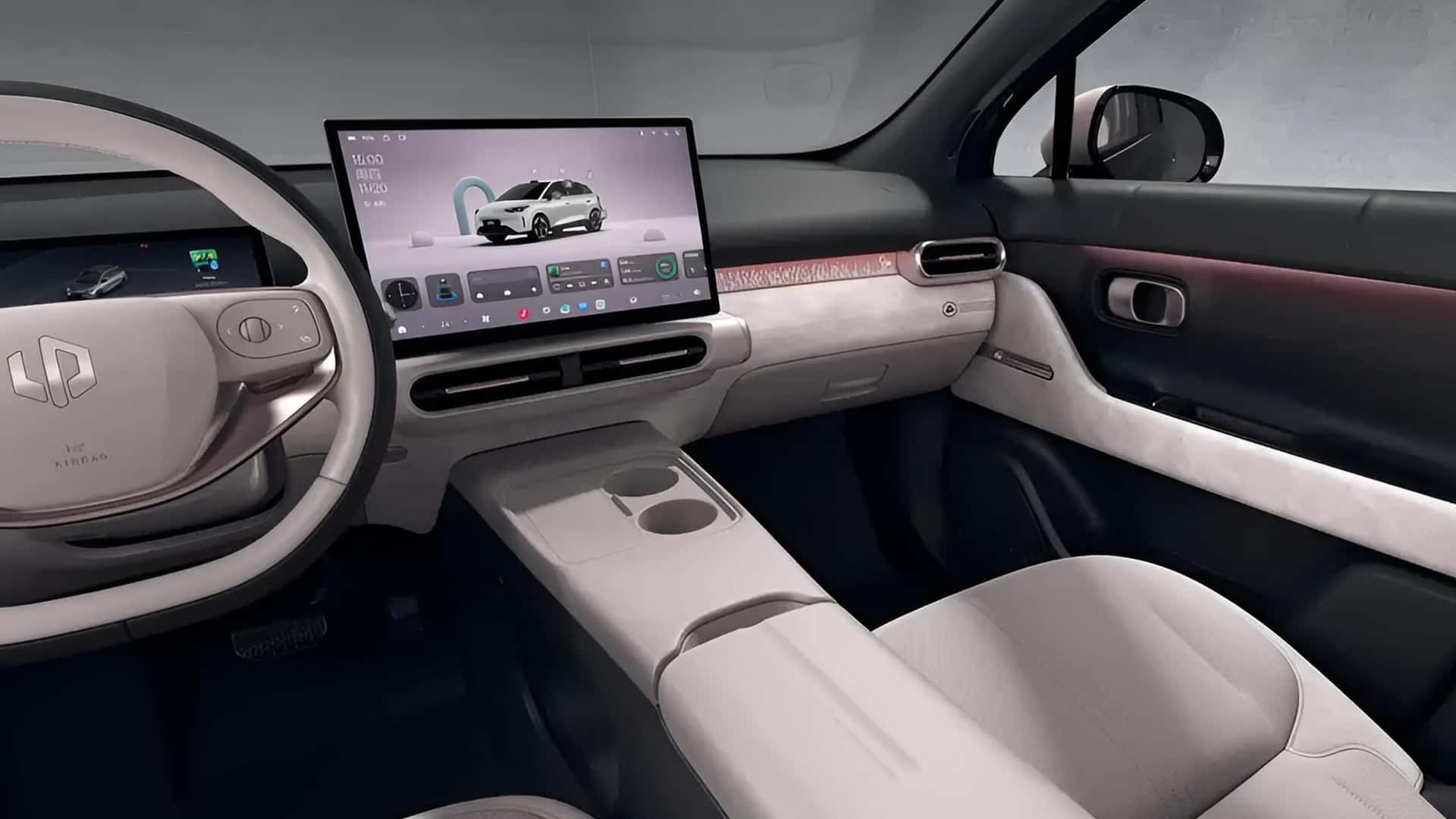 Interior de um carro moderno com volante branco e tela multim&iacute;dia grande exibindo um SUV branco. O painel &eacute; claro, com detalhes em rosa avermelhado e console central com porta-copos. O banco do passageiro &eacute; claro, e o ambiente geral &eacute; limpo e futurista