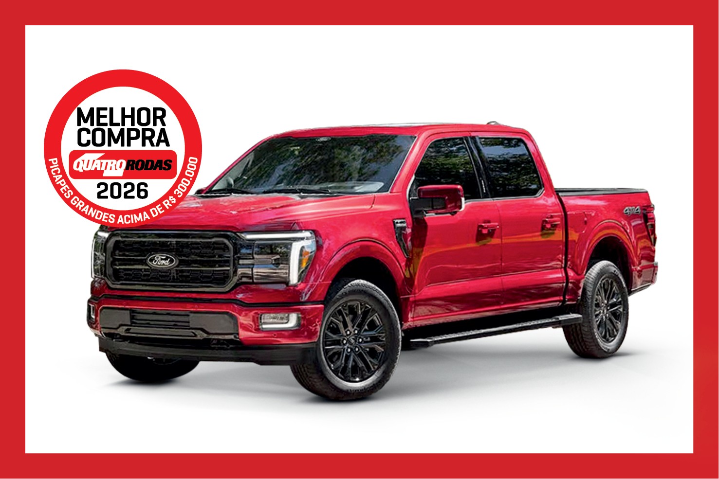 Picape Ford F-150 vermelha com rodas pretas, vista em ângulo frontal, com selo Melhor Compra Quatro Rodas 2026 - Picapes Grandes Acima de R$ 300.000