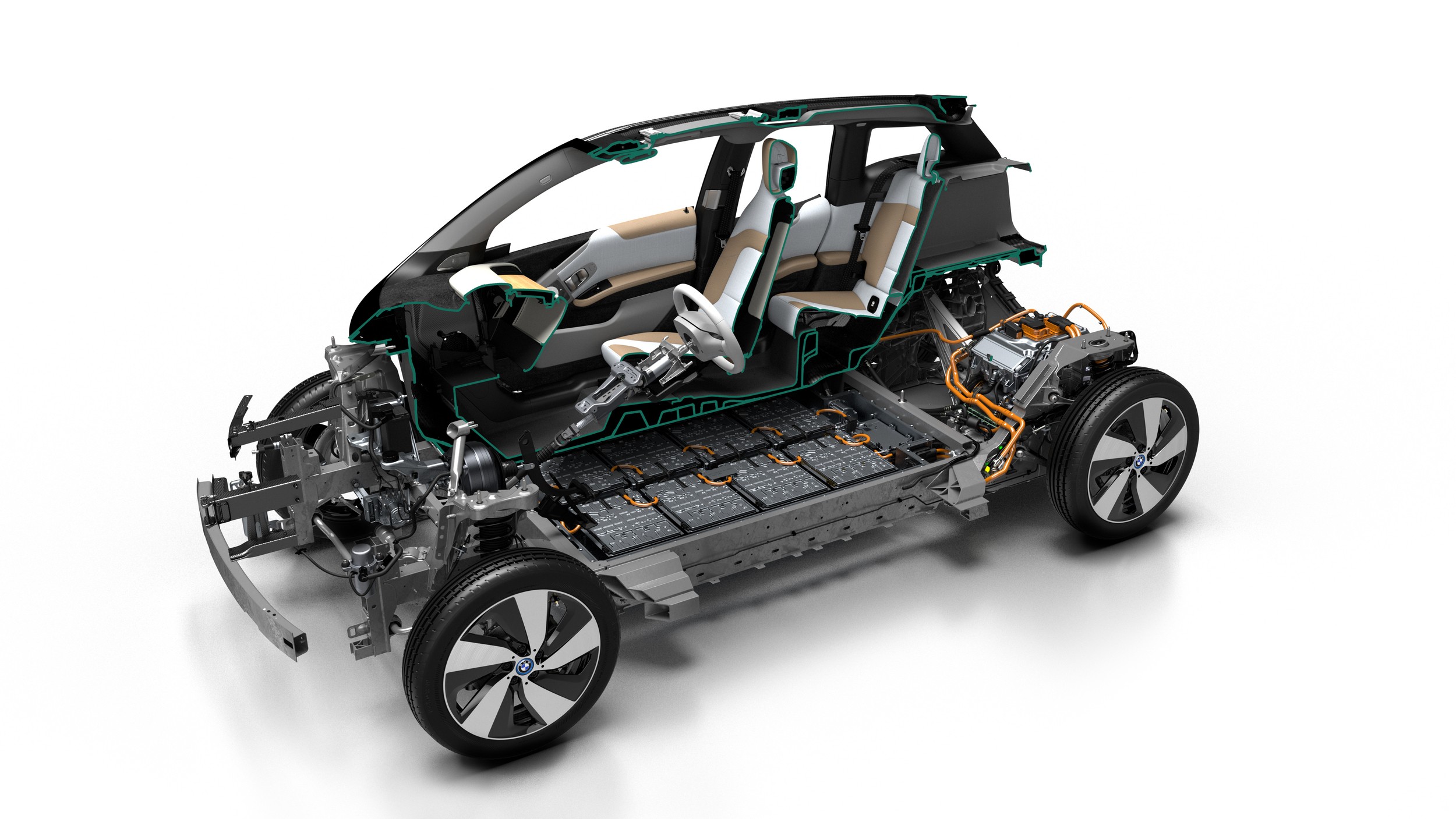 Estrutura interna de um carro el&eacute;trico BMW i3, mostrando o chassi, bateria de &iacute;ons de l&iacute;tio no assoalho, motor e suspens&atilde;o, com a carroceria e interior parcialmente vis&iacute;veis