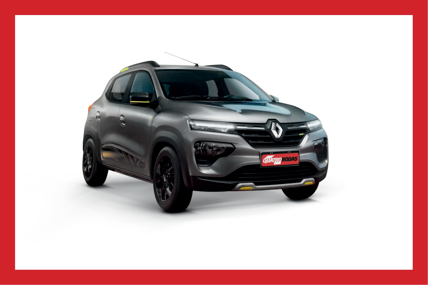 Carro Renault Kwid cinza-escuro, visto de frente e levemente de lado, com detalhes amarelos nos retrovisores e para-choque, sobre fundo branco