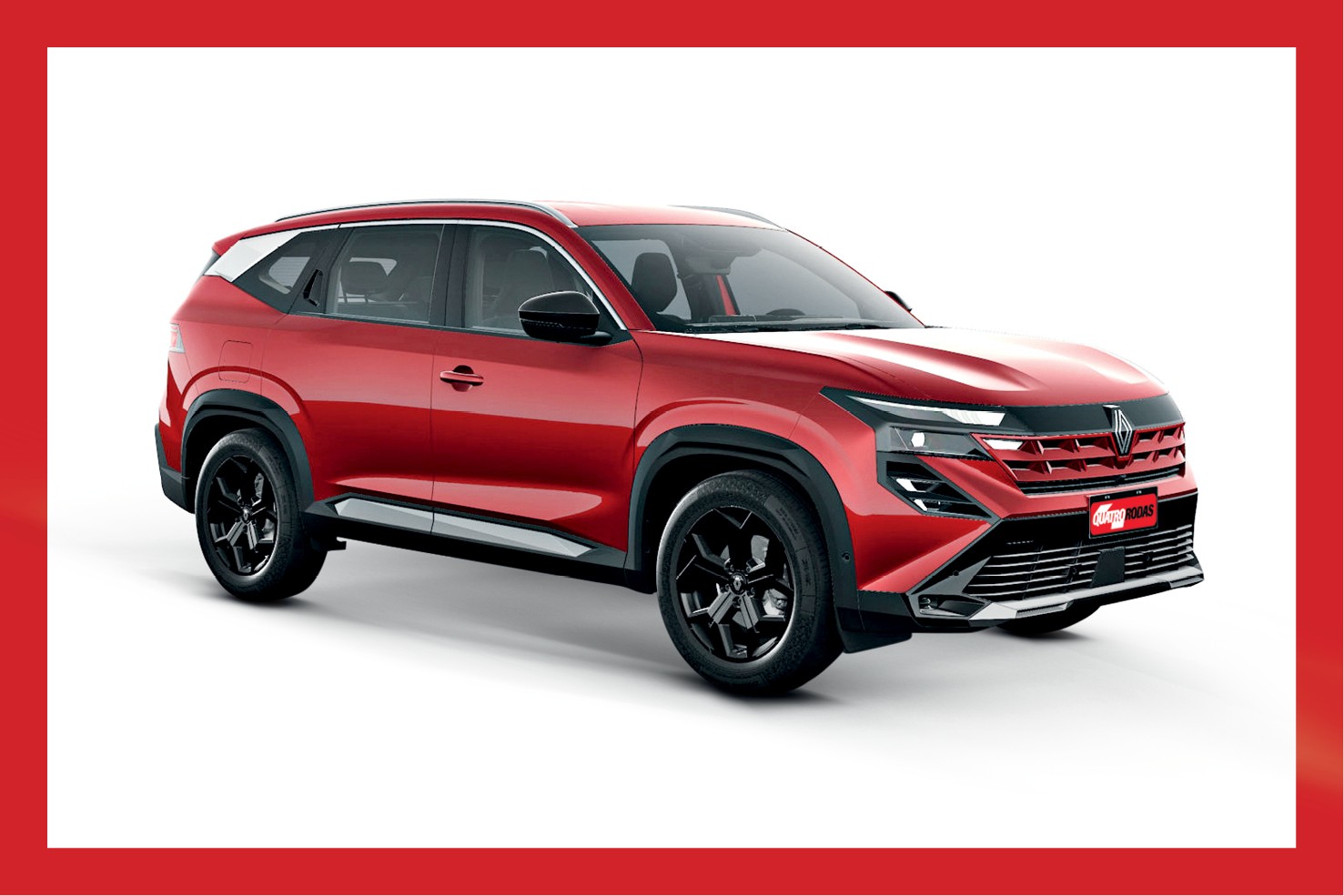 SUV vermelho met&aacute;lico com detalhes pretos e cromados, rodas pretas, far&oacute;is afilados e grade frontal com o logo da Renault, em fundo branco