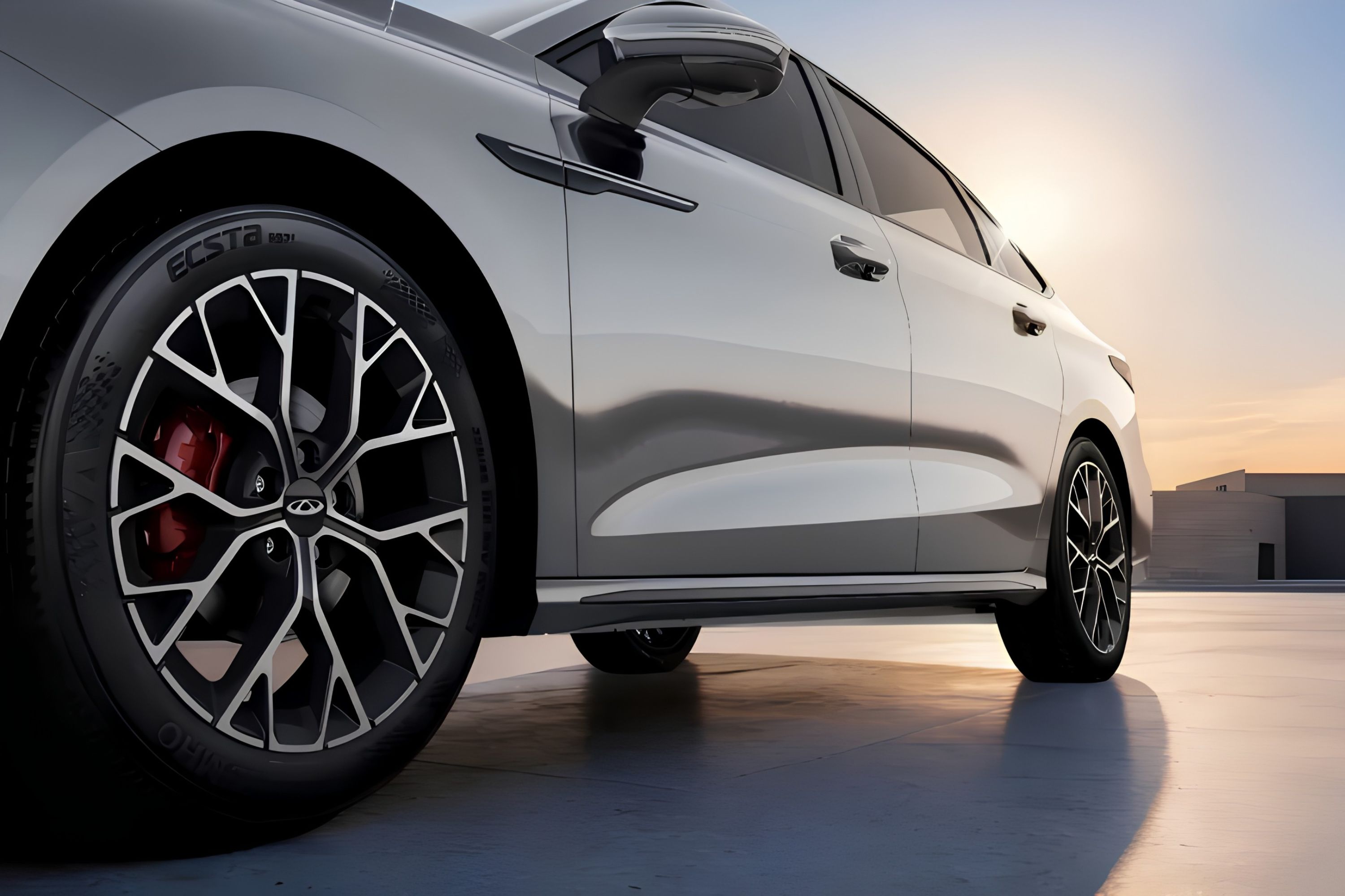 Lateral de um carro cinza-prata com reflexos do p&ocirc;r do sol, destacando a roda dianteira com aro preto e detalhes prateados, e pin&ccedil;a de freio vermelha. O ve&iacute;culo est&aacute; em um piso liso com um c&eacute;u alaranjado ao fundo