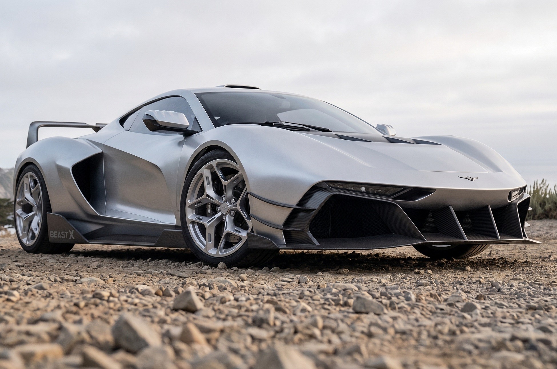 Carro esportivo prateado, com design futurista e aerodin&acirc;mico, parado em terreno rochoso. Possui grandes entradas de ar laterais e frontais, aerof&oacute;lio traseiro e rodas de liga leve. O c&eacute;u claro e o horizonte des&eacute;rtico comp&otilde;em o cen&aacute;rio